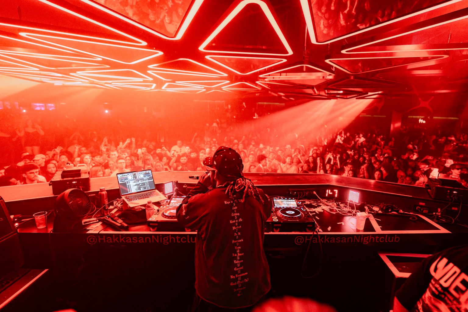 Patrick Cornett DJing for a packed crowd at Hakkasan Nightclub